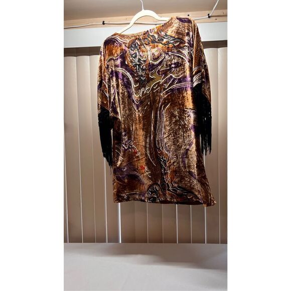 COTTON CLUB BROWN VELOUR PAISLEY SHIRT FRINGE SLEEVES SIZE 10 NEW - Picture 9 of 12
